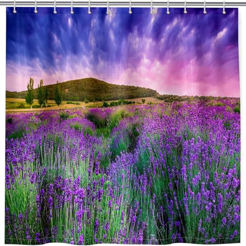 ANHOPE Natur Lavendel Blume Feld Duschvorhang Anti Schimmel Wasserdicht Waschbar Badezimmer Duschvorhänge Shower Curtain Polyester Stoff Badewanne Vorhänge mit 12 Haken 180 x 200 cm von ANHOPE