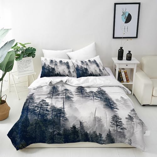 ANHOPE Natur Misty Wald Nebelig Berg Bettwäsche Set Weich Microfaser Bettbezüge mit Reißverschluss 3 Teilig Bettbezug 155x220 cm & 2 Kissenbezug 80x80 cm Ganzjahres Bettdeckenbezug Set von ANHOPE