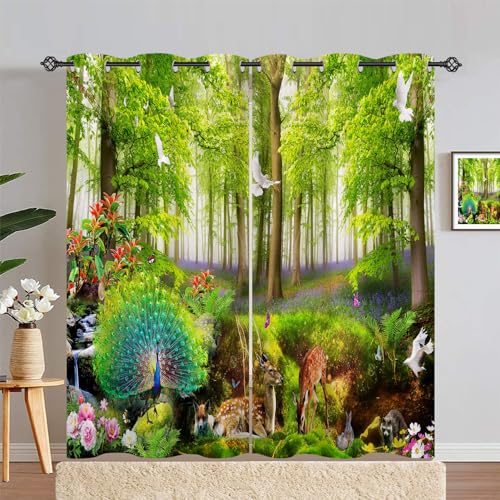 ANHOPE Natur Wald Tier Pfau Hirsch Vorhänge mit Ösen Blickdichte Gardinen Thermo Vorhang Blackout Curtain Schlafzimmer Wohnzimmer Weich Verdunklungsvorhänge 2er Set H 214 x B 140 cm von ANHOPE