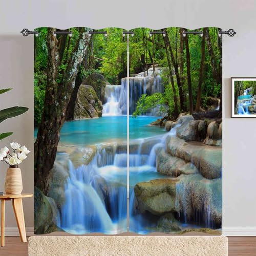 ANHOPE Natur Wald Wasserfall Creek Verdunklungsvorhänge mit Ösen Blickdichte Gardinen Thermo Vorhänge Blackout Curtain Weich Wohnzimmer Schlafzimmer Vorhang 2er Set H 200 x B 140 cm von ANHOPE