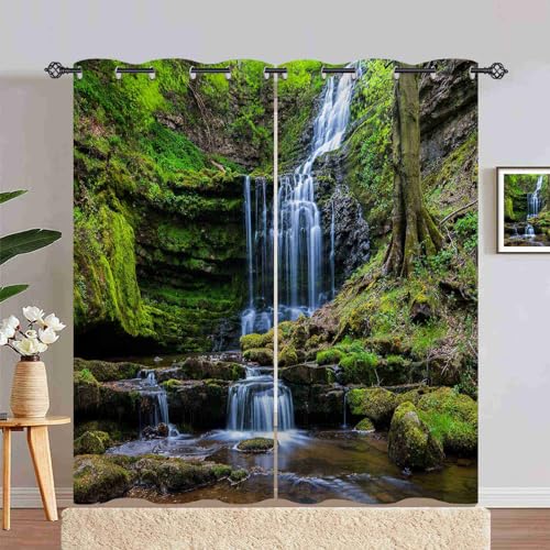ANHOPE Natur Wasserfall Fluss Gardinen Blickdichte mit Ösen Weich Thermo Vorhänge Blackout Curtain Vorhang Wohnzimmer Schlafzimmer Verdunklungsvorhänge 2er Set H 183 x B 140 cm von ANHOPE