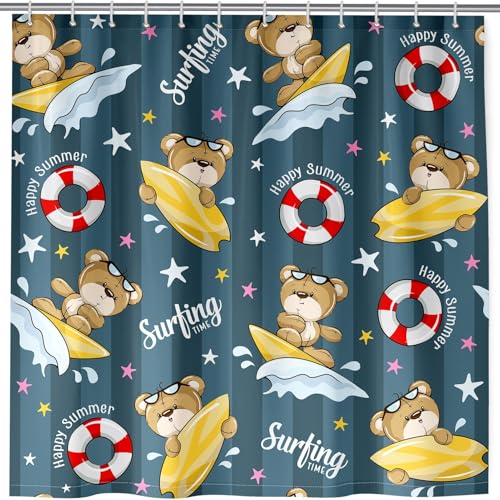 ANHOPE Nette Cartoon Tier Bär Surfen Duschvorhang Anti Schimmel Wasserdicht Waschbar Badezimmer Duschvorhänge Shower Curtain Polyester Stoff Badewanne Vorhänge mit 12 Haken 180 x 200 cm von ANHOPE