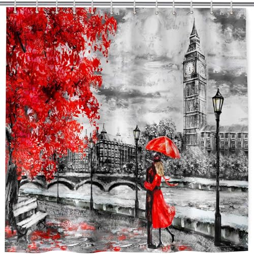 ANHOPE Ölgemälde London Big Ben Rot Baum Duschvorhang Anti Schimmel Wasserdicht Waschbar Badezimmer Duschvorhänge Shower Curtain Polyester Stoff Badewanne Vorhänge mit 12 Haken 180 x 200 cm von ANHOPE