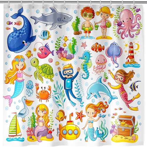ANHOPE Ozean Delphin Oktopus Hai Duschvorhang Anti Schimmel Wasserdicht Waschbar Badezimmer Duschvorhänge Shower Curtain Polyester Stoff Badewanne Vorhänge mit 12 Haken 180 x 180 cm von ANHOPE