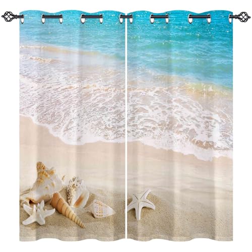 ANHOPE Ozean Strand Muscheln Seestern Vorhänge mit Ösen Blickdichte Gardinen Thermo Vorhang Blackout Curtain Schlafzimmer Wohnzimmer Weich Verdunklungsvorhänge 2er Set H 138 x B 107 cm von ANHOPE