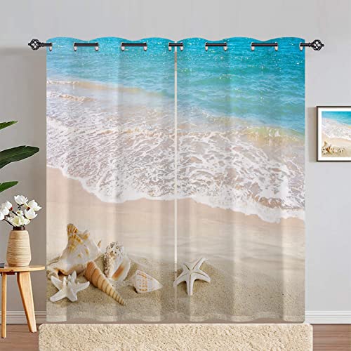 ANHOPE Ozean Strand Muscheln Seestern Vorhänge mit Ösen Blickdichte Gardinen Thermo Vorhang Blackout Curtain Schlafzimmer Wohnzimmer Weich Verdunklungsvorhänge 2er Set H 229 x B 140 cm von ANHOPE
