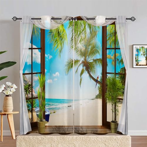 ANHOPE Ozean Strand Palmen Papagei Verdunklungsvorhänge mit Ösen Thermo Vorhänge Blickdichte Gardinen Weich Blackout Curtain Wohnzimmer Schlafzimmer Vorhang 2er Set H 229 x B 168 cm von ANHOPE