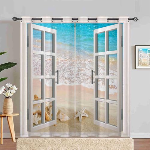 ANHOPE Ozean Strand Seestern Muschel Verdunklungsvorhänge mit Ösen Thermo Vorhänge Blickdichte Gardinen Weich Blackout Curtain Wohnzimmer Schlafzimmer Vorhang 2er Set H 245 x B 140 cm von ANHOPE