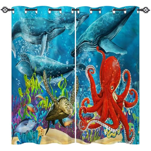 ANHOPE Ozean Wal Oktopus Schildkröte Verdunklungsvorhänge mit Ösen Blickdichte Gardinen Blackout Curtain Thermo Vorhänge Kinder Jungen Mädchen Schlafzimmer Wohnzimmer Vorhang 2er Set H 160 x B 132 cm von ANHOPE
