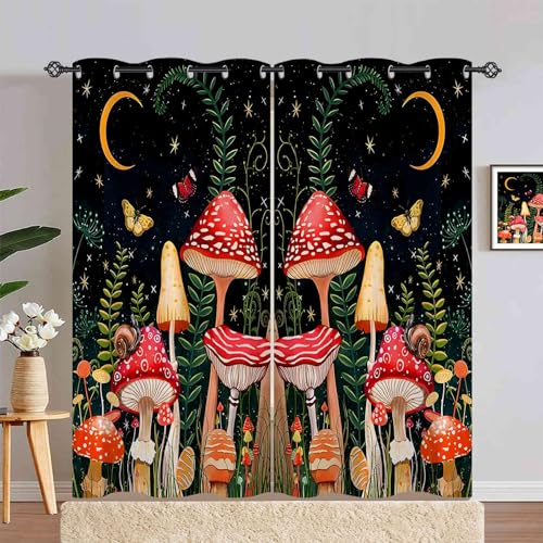 ANHOPE Pilz Mond Stern Schmetterling Blickdichte Gardinen mit Ösen Weich Thermo Vorhänge Wohnzimmer Schlafzimmer Verdunklungsvorhänge 2er Set H 214 x B 117 cm von ANHOPE