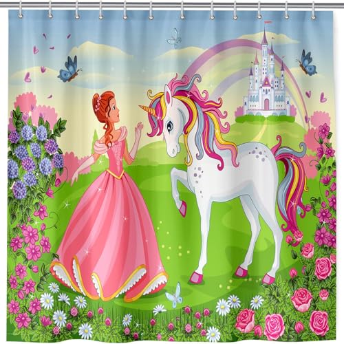 ANHOPE Prinzessin Einhorn Schloss Duschvorhang Anti Schimmel Wasserdicht Waschbar Badezimmer Duschvorhänge Shower Curtain Polyester Stoff Badewanne Vorhänge mit 12 Haken 180 x 200 cm von ANHOPE