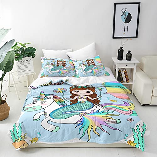 ANHOPE Prinzessin Meerjungfrau Einhorn Bettwäsche Set 3 Teilig Weich Bettbezug 135x200 cm & 2 Kissenbezug 50x70 cm Microfaser Bettbezüge Set mit Reißverschluss Bettdeckenbezug für Kinder Mädchen von ANHOPE