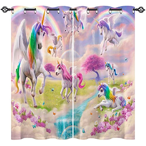 ANHOPE Regenbogen Einhorn Blume Vorhänge mit Ösen Blickdichte Gardinen Thermo Vorhang Blackout Curtain Schlafzimmer Wohnzimmer Kinder Mädchen Verdunklungsvorhänge 2er Set H 160 x B 117 cm von ANHOPE