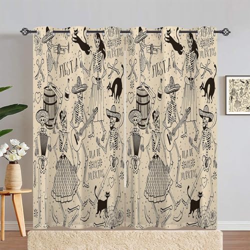 ANHOPE Retro Skelett Musik Tanz Vorhänge Gardinen Blickdichte mit Ösen Thermo Vorhang Blackout Curtains Schlafzimmer Wohnzimmer Verdunkelung 2er Set H 229 x B 117 cm von ANHOPE