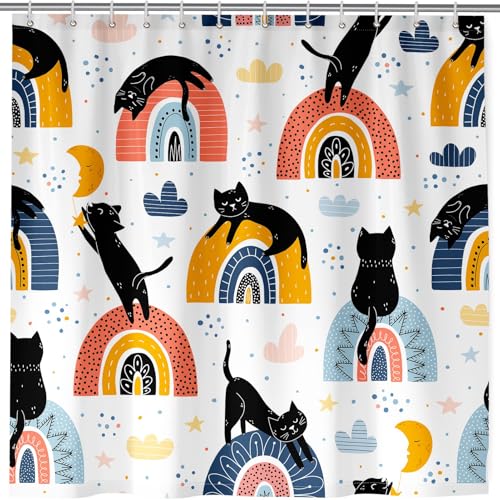ANHOPE Schwarze Katze Regenbogen Duschvorhang Wasserdicht Anti Schimmel Waschbar Duschvorhänge Shower Curtain Polyester Stoff Bad Vorhänge Set mit 12 Haken 180 x 180 cm von ANHOPE