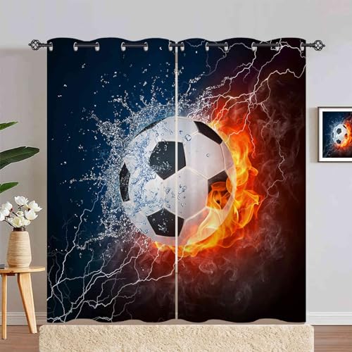 ANHOPE Sport Thema Flamme Fußball Vorhänge mit Ösen Blickdichte Gardinen Thermo Vorhang Blackout Curtain Schlafzimmer Wohnzimmer Kinder Jungen Mädchen Verdunklungsvorhänge 2er Set H 220 x B 140 cm von ANHOPE