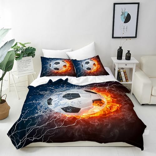 ANHOPE Sport Thema Flammen Fußball Bettwäsche Set Microfaser Bettbezüge mit Reißverschluss 2 Teilig Bettbezug 100x135 cm + Kissenbezug 40x60 cm Weich Bettdeckenbezug Set für Kinder Jungen Mädchen von ANHOPE