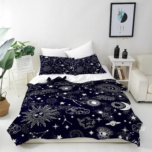 ANHOPE Sternbild Galaxie Sonne Mond Bettwäsche Set Weich Microfaser Druck Bettbezüge mit Reißverschluss 3 Teilig Bettbezug 135x200 cm & 2 Kissenbezug 50x70 cm Ganzjahres Bettdeckenbezug Set von ANHOPE