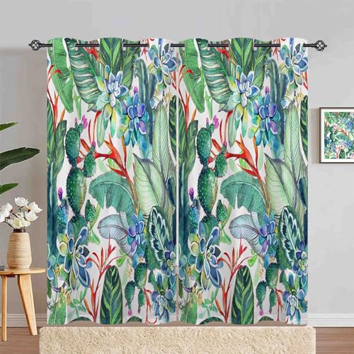 ANHOPE Tropisch Kaktus Blatt Vorhänge mit Ösen Blickdichte Gardinen Blackout Curtain Thermo Vorhang Weich Schlafzimmer Wohnzimmer Verdunklungsvorhänge 2er Set H 245 x B 140 cm von ANHOPE