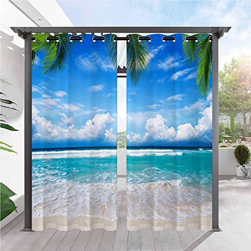 ANHOPE Tropisch Ozean Strand Palme Baum Outdoor Vorhänge mit Ösen Oben Wasserdicht Wetterfest Aussen Gardinen für Balkon Terrasse Garten Pergola Pavillon Außen Vorhang 2er Set B132 x H214 cm von ANHOPE