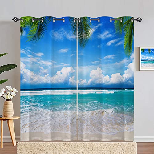 ANHOPE Tropisch Ozean Strand Palmen Blickdichte Gardinen mit Ösen Thermo Vorhänge Weich Vorhang Blackout Curtain Wohnzimmer Schlafzimmer Verdunklungsvorhänge 2er Set H 229 x B 168 cm von ANHOPE