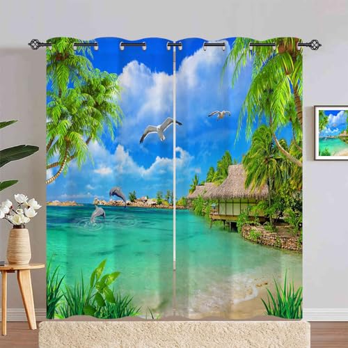 ANHOPE Tropisch Ozean Strand Palmen Gardinen Blickdichte mit Ösen Weich Thermo Vorhänge Blackout Curtain Vorhang Wohnzimmer Schlafzimmer Verdunklungsvorhänge 2er Set H 229 x B 140 cm von ANHOPE