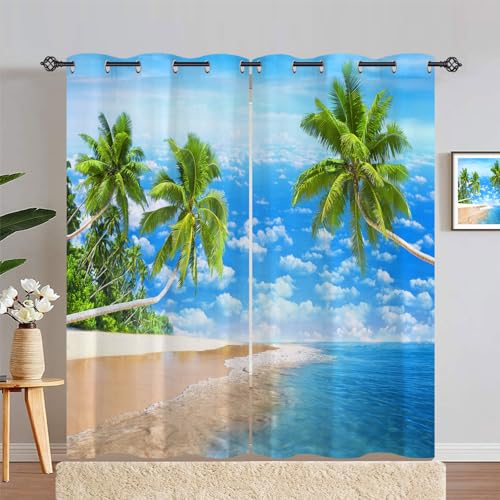 ANHOPE Tropisch Ozean Strand Palmen Verdunklungsvorhänge mit Ösen Thermo Vorhänge Blickdichte Gardinen Weich Blackout Curtain Wohnzimmer Schlafzimmer Vorhang 2er Set H 229 x B 140 cm von ANHOPE