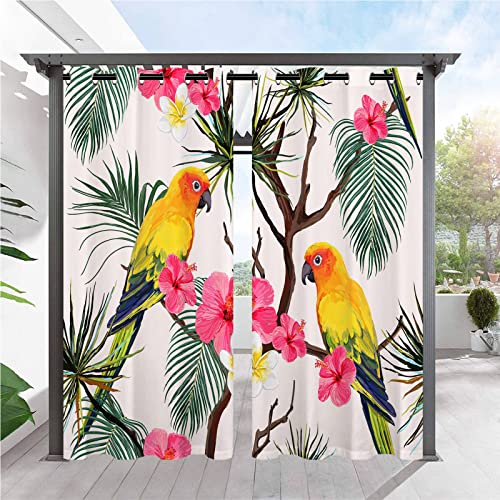 ANHOPE Tropisch Palmblatt Floral Papagei Outdoor Vorhänge mit Ösen Oben Wasserdicht Wetterfest Aussen Gardinen für Balkon Terrasse Garten Pergola Pavillon Außen Vorhang 2er Set B92 x H214 cm von ANHOPE