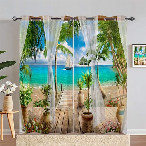 ANHOPE Tropisch Strand Ozean Insel Verdunklungsvorhänge mit Ösen Thermo Vorhänge Blickdichte Gardinen Weich Blackout Curtain Wohnzimmer Schlafzimmer Vorhang 2er Set H 183 x B 168 cm von ANHOPE