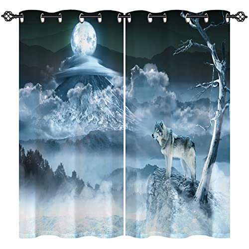ANHOPE Wald Wolf Mond Berg Vorhänge mit Ösen Blickdichte Gardinen Blackout Curtain Thermo Vorhang Weich Schlafzimmer Wohnzimmer Verdunklungsvorhänge 2er Set H 138 x B 168 cm von ANHOPE