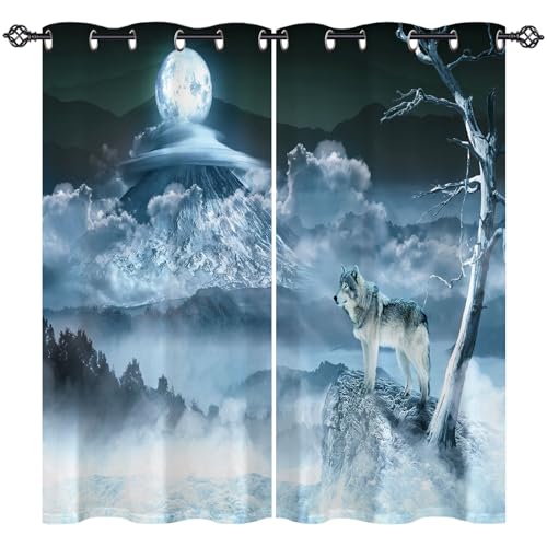 ANHOPE Wald Wolf Mond Berg Vorhänge mit Ösen Blickdichte Gardinen Blackout Curtain Thermo Vorhang Weich Schlafzimmer Wohnzimmer Verdunklungsvorhänge 2er Set H 175 x B 140 cm von ANHOPE