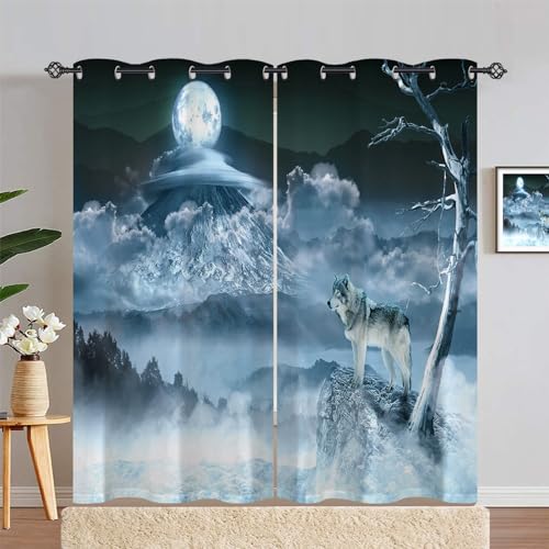 ANHOPE Wald Wolf Mond Berg Vorhänge mit Ösen Blickdichte Gardinen Blackout Curtain Thermo Vorhang Weich Schlafzimmer Wohnzimmer Verdunklungsvorhänge 2er Set H 245 x B 200 cm von ANHOPE