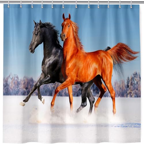 ANHOPE Winter Feld Tier Pferd Duschvorhang Anti Schimmel Wasserdicht Waschbar Badezimmer Duschvorhänge Shower Curtain Polyester Stoff Badewanne Vorhänge mit 12 Haken 180 x 180 cm von ANHOPE