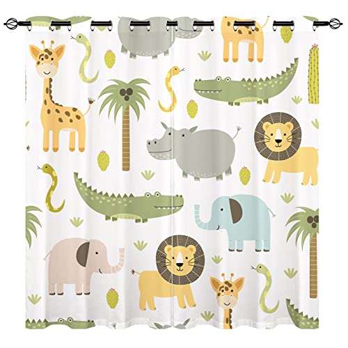 YUANZU Safari Tiervorhänge – Kinder Nilpferd Krokodil Löwe Elefant Giraffe Wald Zoo Öse Verdunkelung Raum Verdunkelung Fenstervorhänge für Jungen Mädchen Schlafzimmer 2 Paneele B 168 cm x T 137 cm von ANHOPE