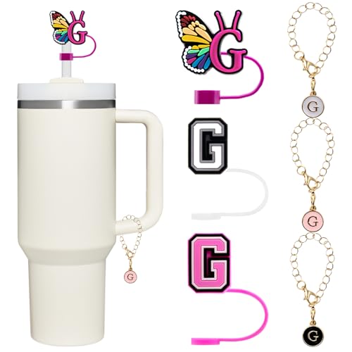 Trinkhalm-Abdeckkappen für Stanley-Becher, 10 mm, Schmetterlings-Buchstabe, Silikon-Trinkhalm-Aufsätze mit 3 personalisierten Buchstaben-Anhängern für Stanley-Becher, 3 Stück von ANHRMHH