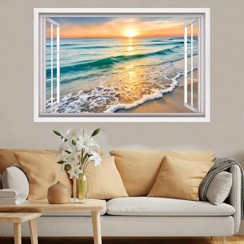 ANHUIB 3D Wandtattoo Sonnenuntergang Wandsticker Strand und Meer Selbstklebend Wandtattoo Badezimmer Wasserfest 3D Wandaufkleber Wohnzimmer Landschaft 84x52cm Schlafzimmer Flur Bad Aufkleber Wanddeko von ANHUIB