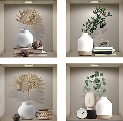 ANHUIB 4 Stück 3D Vase Wandaufkleber,Grüne Pflanze Wandsticker,Weiße Flasche Arte Wandtattoo für Wohnzimmer,Abnehmbare PVC Beige Bild Grünes Blatt Wandbild für Küche Schlafzimmer Büro Wanddeko,30×30CM von ANHUIB