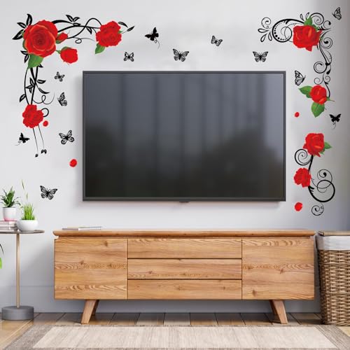 ANHUIB Blumen Wandaufkleber für Wohnzimmer Dekoration,Wandtattoo Blumenranke Hängende Rebe Schmetterling,Wandsticker Rote Blumen,Wandaufkleber Wohnzimmer Schlafzimmer Kinderzimmer von ANHUIB