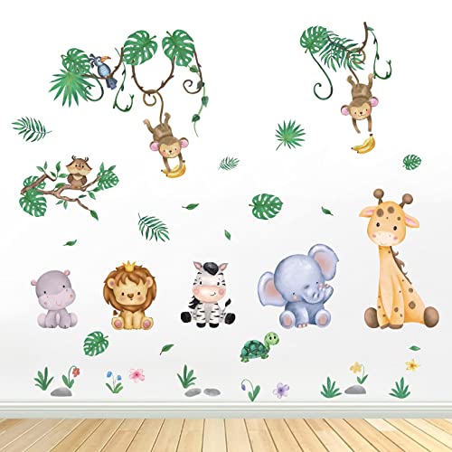 ANHUIB Dschungel Tiere Wandaufkleber,Wandaufkleber Elefant Affen Giraffe,Wandtattoo Grüne Blätter,Wandsticker Babyzimmer Kinderzimmer Schlafzimmer Wanddeko,Mädchen und Jungen Schlafzimmer WandStickers von ANHUIB