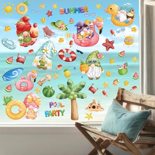 ANHUIB Fensterbilder Selbstklebend Sommer Deko Hawaiianische Fenster Aufkleber Dekorationen Bunte Fenstersticker Wiederverwendbar mit Beach Pool Party für Fensterdeko von ANHUIB