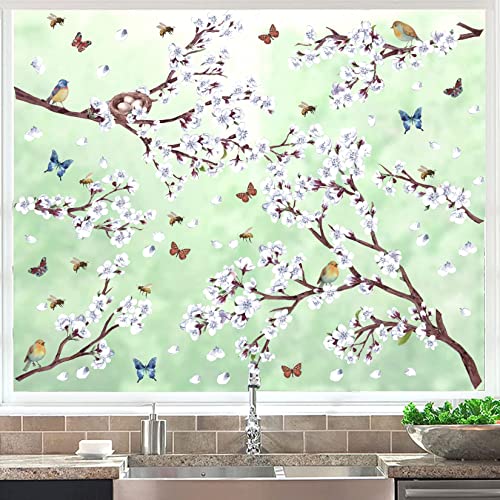 ANHUIB Frühling Deko Fenster Aufkleber,Fensteraufkleber Blumen Weiß,Vögel Fenstersticker,Fensterbilder Schmetterlinge Wohnzimmer,Wandsticker Blumen Kinderzimmer,Pflanze Wandtattoo,Blumen Fensterbild von ANHUIB