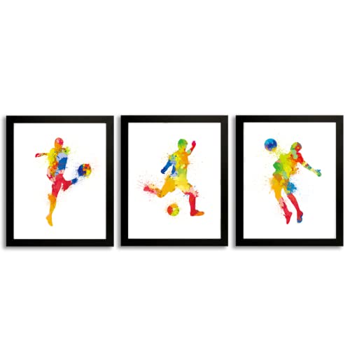 ANHUIB Fußball-Kunstdrucke mit schwarzem Rahmen, Aquarell-Fußballspieler, Kunstbild-Poster, 3er-Set (20.3x25.4 cm), Fußballspieler, Leinwand-Kunstdruck für Jungenzimmer, Schlafzimmer Dekoration von ANHUIB