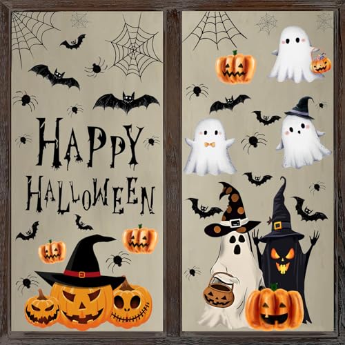 ANHUIB Happy Halloween Fensterbilder Selbstklebend Halloween Deko Fensteraufkleber Kinder Doppelseitige Geister Kürbisse Spinnen Fledermaus Fenstersticker für Haus Party Zuhause Fenster Glas Deko von ANHUIB