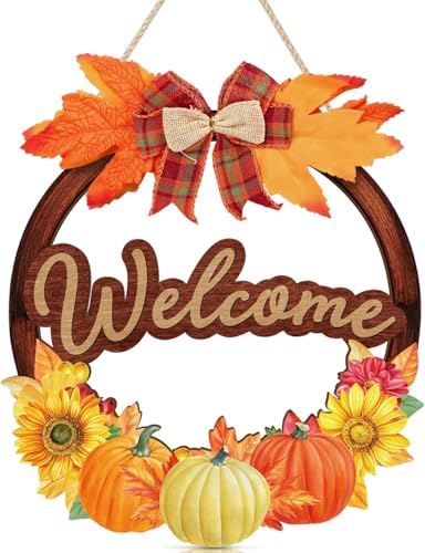 ANHUIB Herbst Willkommen Holzschild Erntedankfest Türschild Erntedankfest Rundes Willkommen Türschild Deko Vintage Rustikaler Herbst Holzschild für Bauernhaus Haustür Veranda Thanksgiving Geschenke von ANHUIB