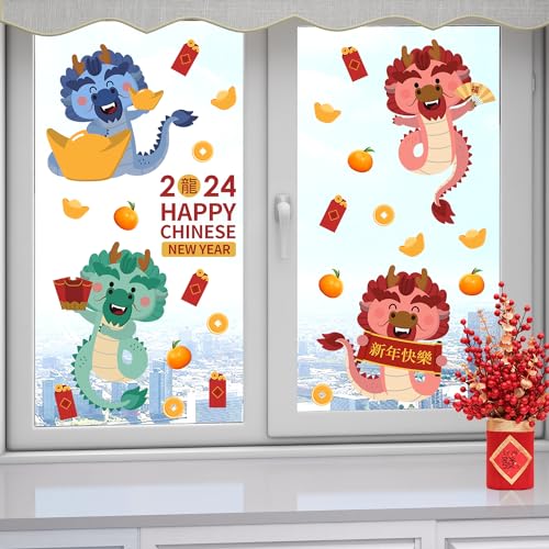 ANHUIB Neujahr Fensteraufkleber,Drachen Neujahr Fensterabziehbilder,Chinesischer Neujahr Fensterdeko,2024 Frühlingsfest Fensterbild,Drachen Fenstersticker,New Year Sticker für Vitrinen Glas Tür Deko von ANHUIB