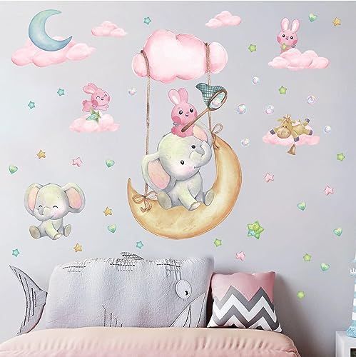 ANHUIB Tier Wandaufkleber,Elefanten Wandsticker,SternWolken Wandtattoo,Kinderzimmer Tier Aufkleber,Mädchenzimmer Wandaufkleber,Rosa Wandtattoo für Babyzimmer Klassenzimmer Schlafzimmer Wohnzimmer Deko von ANHUIB