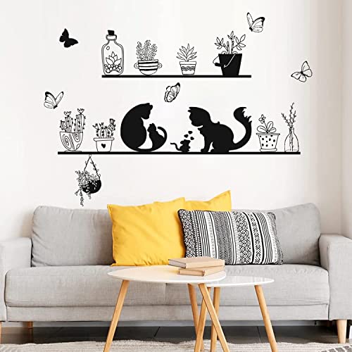 ANHUIB Wandaufkleber Katzen mit Topfpflanze,Wandtattoo Schwarz Pflanze,Schwarze Katze Wandsticker,Topfpflanze Aufkleber für Fenster Dekoration,Wandsticker Schlafzimmer Wohnzimmer Küche Wanddeko von ANHUIB