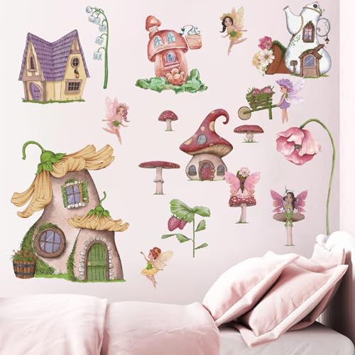 ANHUIB Wandtattoo Kinderzimmer Mädchen,Wandtattoo Fee,Wandaufkleber Kinderzimmer,Blumen Fee Wandtattoo,Wandaufkleber Blumen Pilzhaus,Wandsticker Wanddeko für Kinderzimmer Babyzimmer Schlafzimmer von ANHUIB