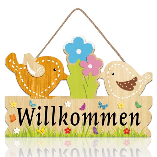 ANHUIB Willkommensschild Haustür,Türschild Willkommen,Ostern Deko für Haustür Frühling,Türschild Schild aus Holz für Frühling,Türschild Willkommen Schild Vintage Zuhause,Vogel und Blume Haustürschild von ANHUIB