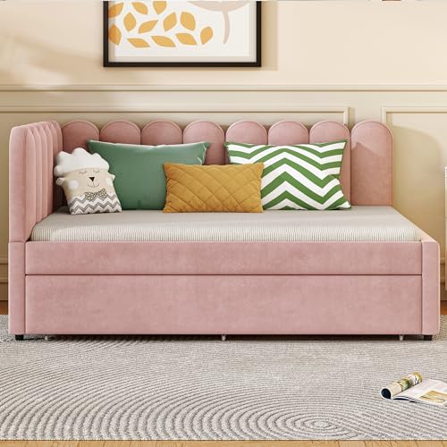ANIROY 2-in-1 L-Form Schlafsofa mit Ausziehbares Bett, Polsterbett140x200cm, Samtstoff Kinderbetten Einzelbett/Doppelbett Tagesbett Gästebett mit Rückenlehne für Schlafzimmer, ohne Matratze, Pink ANIROY 2-in-1 L-Form Schlafsofa mit Ausziehbares Bett, Polsterbett140x200cm, Samtstoff Kinderbetten Einzelbett/Doppelbett Tagesbett Gästebett mit Rückenlehne für Schlafzimmer, ohne Matratze, Pink von ANIROY